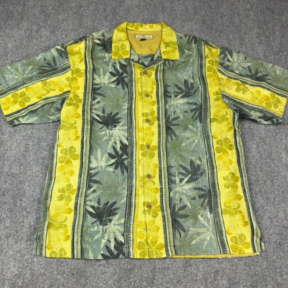 Tommy Bahama Button Up Shirt Mens XL Green Yellow Linen Floral Palm Loop Collar